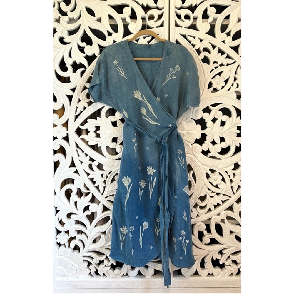 Sister Nettle Linen Wrap Dress XS Blue Indigo dye Conscious Clothing Handmade